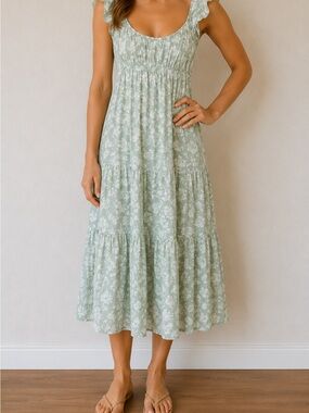 Altar'd State Light Green Floral Ruffled Strap Midi Dress
